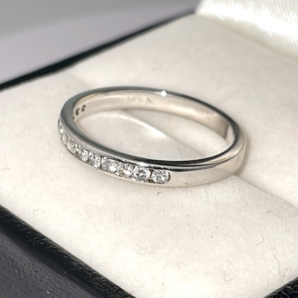 Solid Stamped 14K White Gold Natural Diamond Semi Eternity Band Ring Stackable - Picture 12 of 13